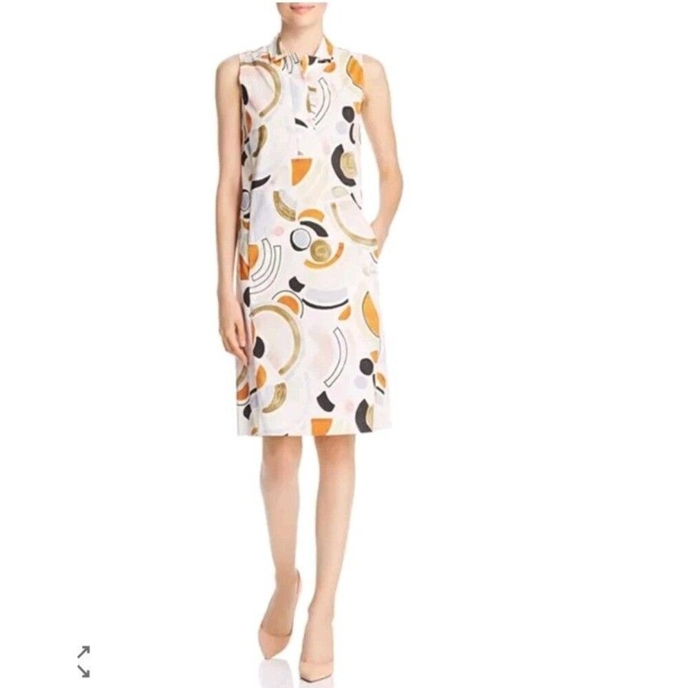 Lafayette 148 Rudy Abstract Print Dress Pockets Sleeveless Size M/L Cotton Blend